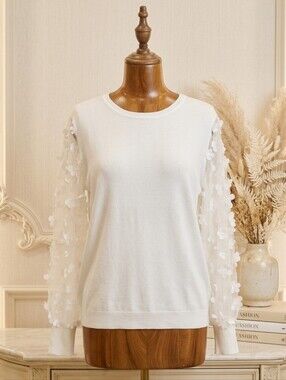 Sioni Off White Fuzzy Sweater Sheer Bubble Sleeves 3D Floral Top 3X